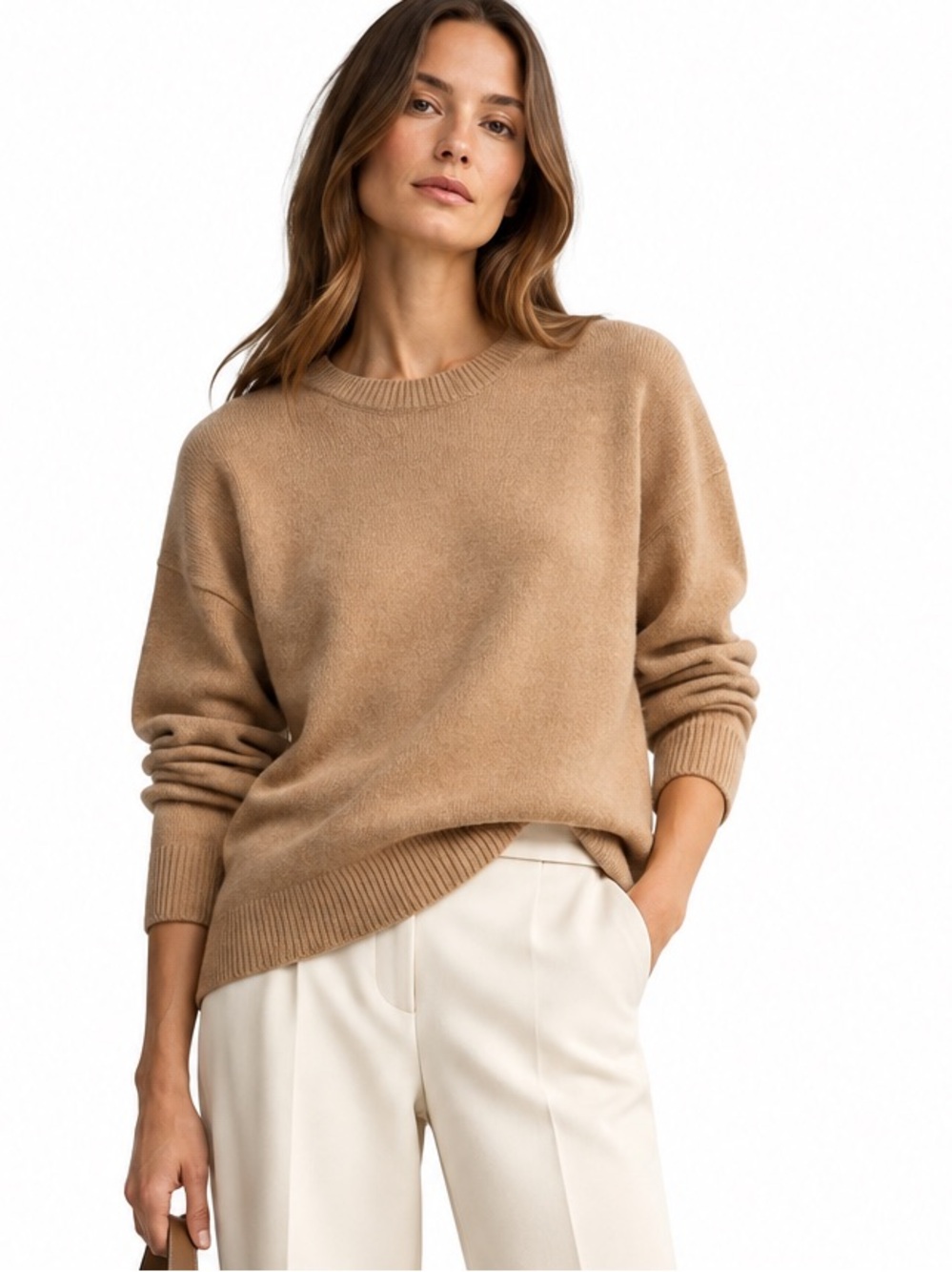 Theory Karenia 100% Cashmere Crewneck Sweater Camel Tan Petite P